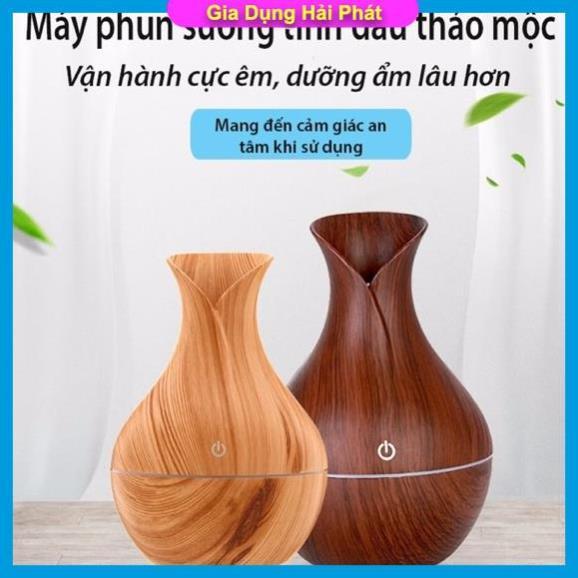 Máy xông tinh dầu, phun sương tạo ẩm cổ cao thiết kế vân gỗ có đèn sang trọng, kiểu dáng lọ hoa