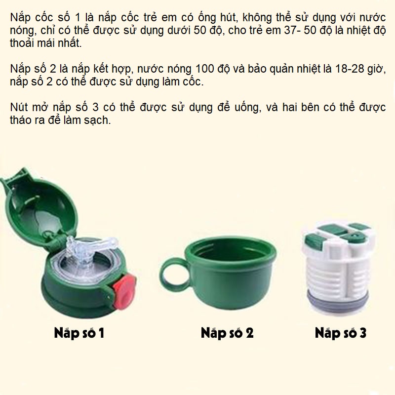 Combo bộ bình giữ nhiệt đa năng cho bé - họa tiết hình thú siêu dễ thương - 3 nắp tiện dụng  BN17