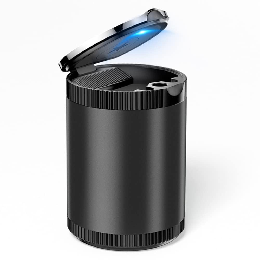 Ashtray ô tô, cần gạt bằng thép không gỉ với nắp, khói di động - trát không có đèn LED được chiếu sáng cho xe hơi cắm trại ngoài trời, màu đen