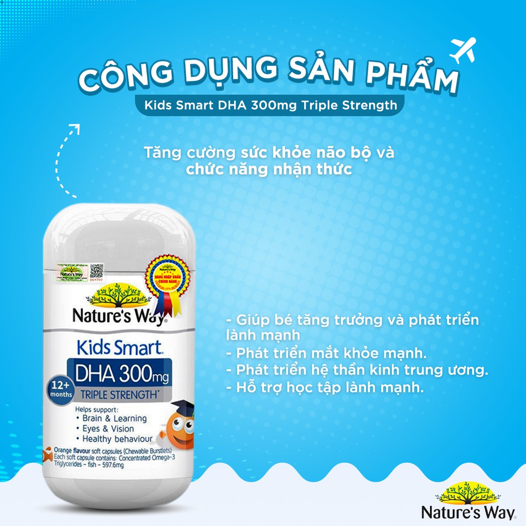 Viên Nhai Cho Bé Nature's Way Kids Smart DHA 300mg Triple Strength Tăng Cường Sự Phát Triển Toàn Diện 50 Viên