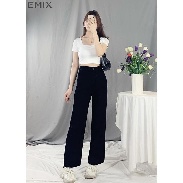 Quần jean đi học EMIX (3 màu), ulzzang, dáng dài, cạp cao, ống suông rộng, có đai, túi, chất jean mềm nhẹ 240