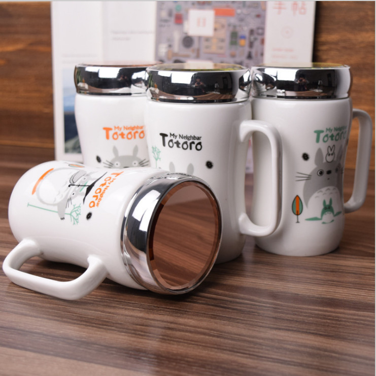 Ly sứ giữ nhiệt có nắp gương, cốc in hình totoro dễ thương dung tích 450ml mã CS05 - giao họa tiết ngẫu nhiên
