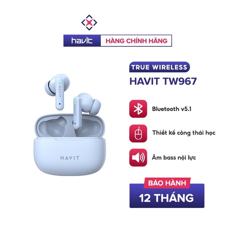 Tai Nghe Bluetooth True Wireless Havit TW967 BT 5.1, Thiết Kế Công Thái Học, Driver 10mm, Nghe Nhạc Đến 5H - Hàng Chính Hãng