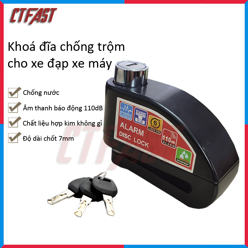 Khóa đĩa chống trộm CTFAST cho xe máy, xe đạp - chất liệu hợp kim không gỉ, âm thanh báo động 110dB