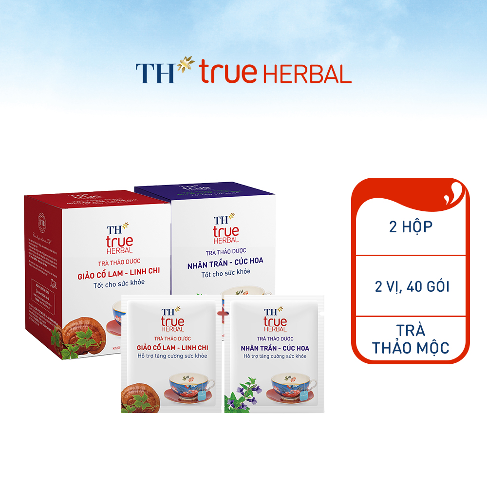 Bộ 2 hộp Trà thảo dược Giảo cổ lam – Linh chi & Trà Nhân trần – Cúc hoa TH True Herbal (40 gói)