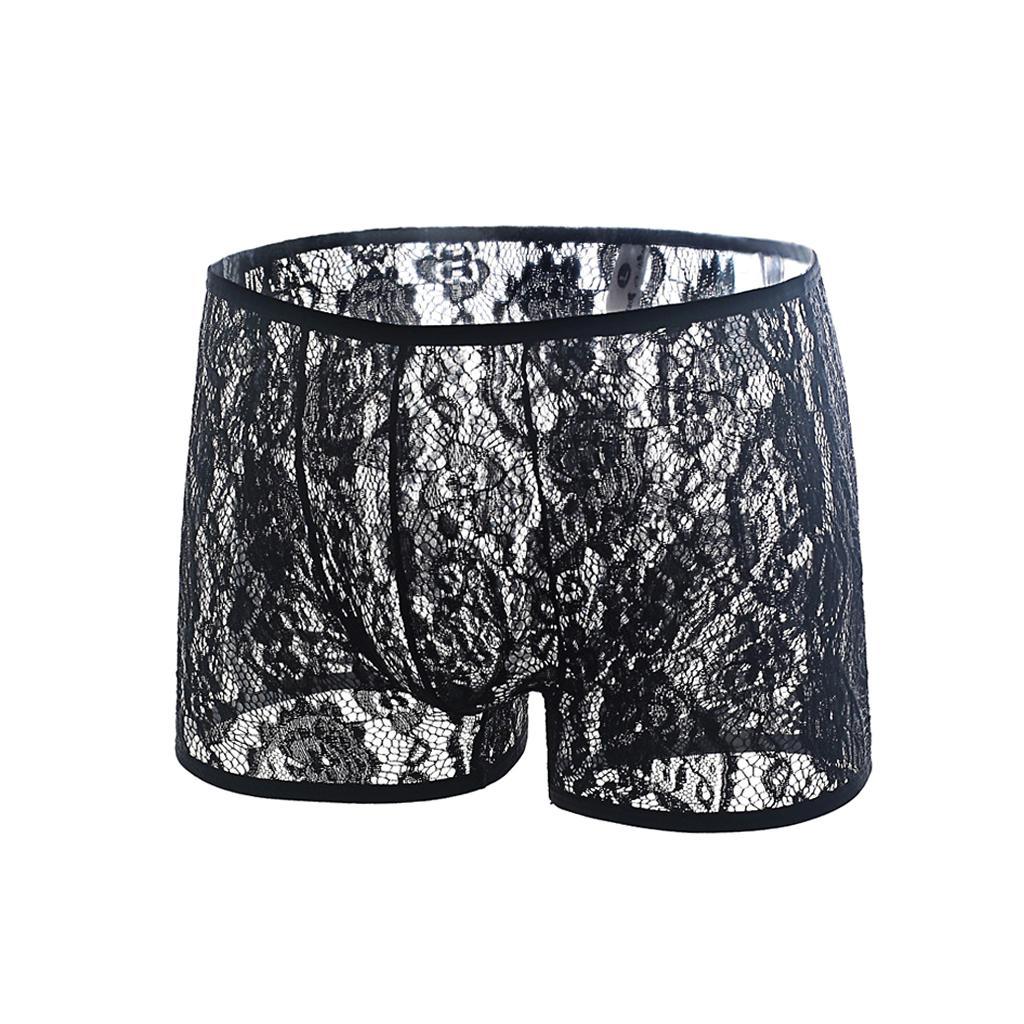 Men's Lace Briefs Slip Tangs Underpants Underwear Men Sexy See Through Shorts Embroider Clubwear Underpants Black M