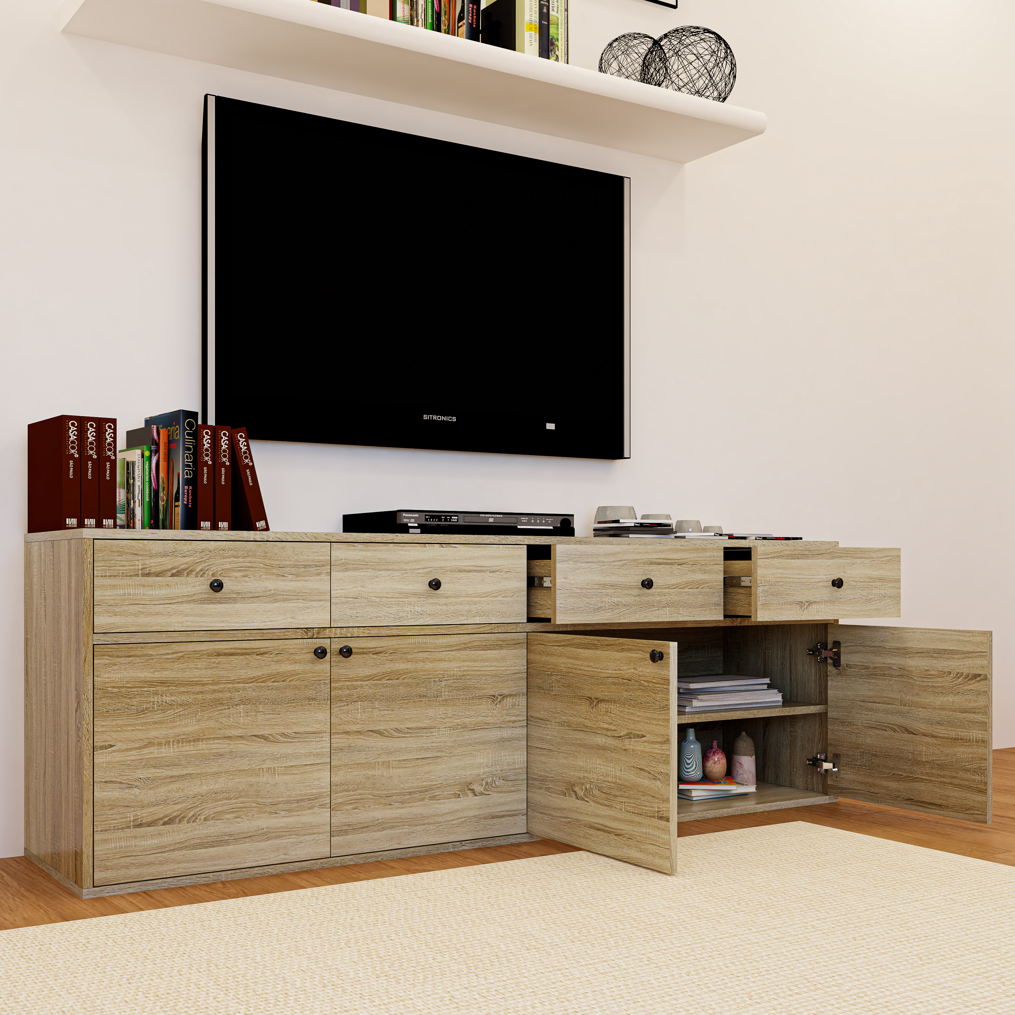 HAPPY FURNITURE , ZACY - Kệ TV 4 cửa mở 4 ngăn kéo, KTV_061 , 180cm x 40cm x 62cm DxRxC, Sản phẩm phổ thông