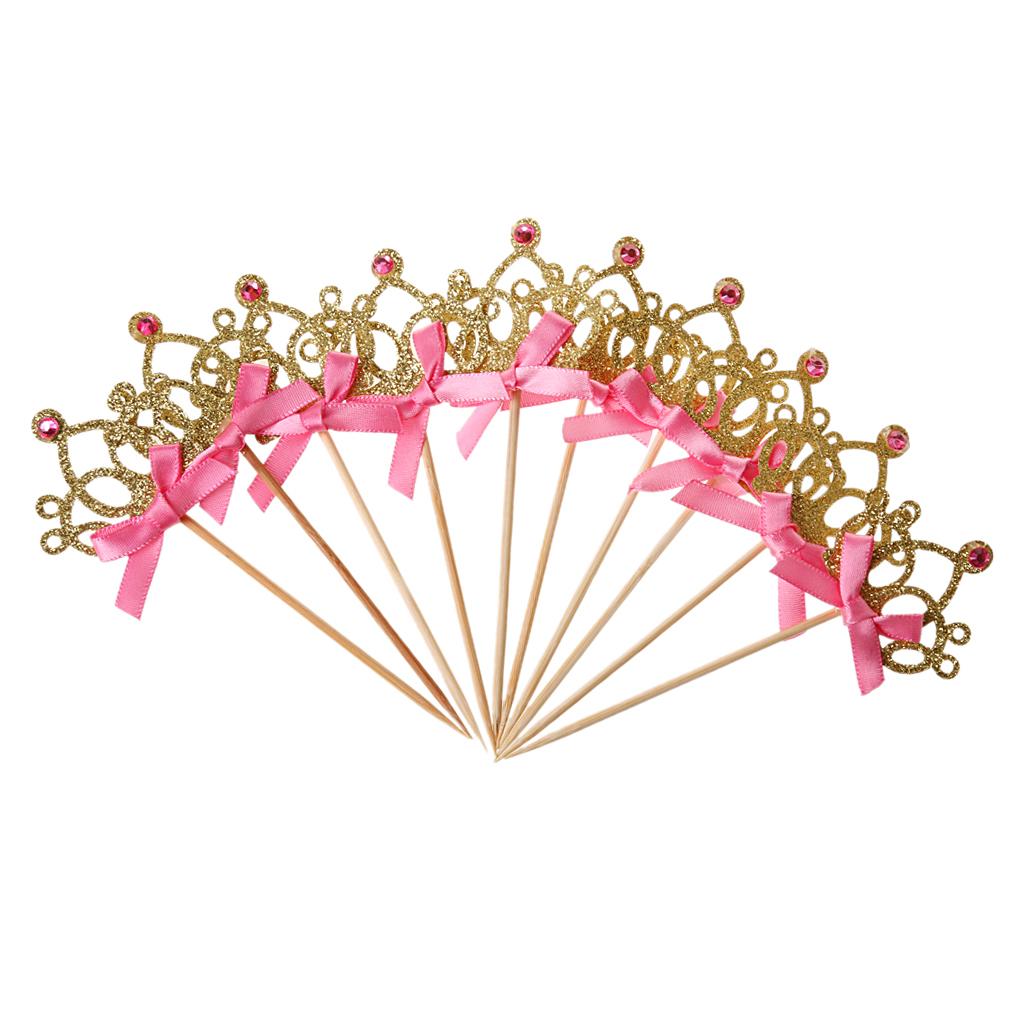 10pcs/set Crown Cake Topper Cupcake Picks with Ribbon Pink and Gold
