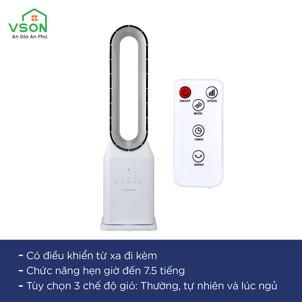 Quạt không cánh WestingHouse WSFBL04 thiết kế khí động học hoạt động êm ái Công suất 50W - Hàng chính hãng Mỹ