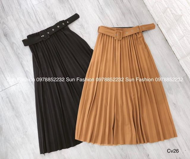 Chân váy midi dập ly dài lưng thun kèm belt