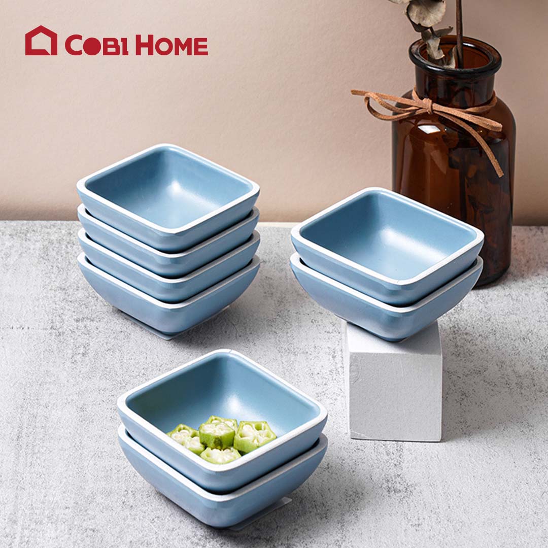 chén chấm hình vuông bằng melamine cao cấp màu xanh