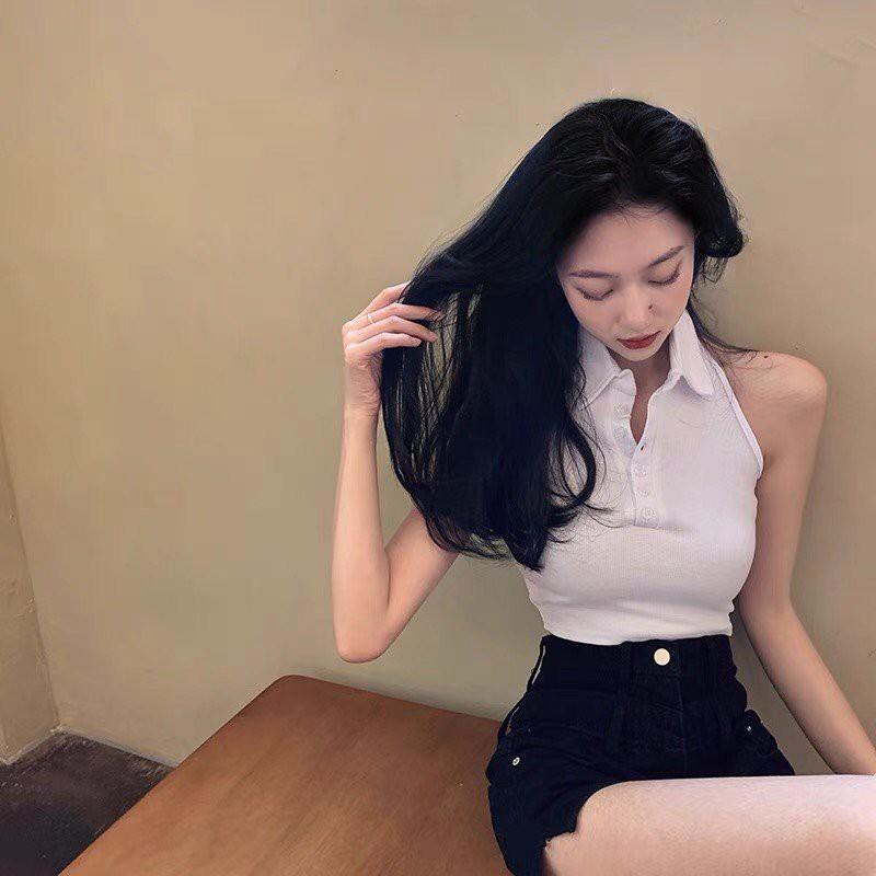 Áo croptop 3 lỗ cổ polo cài cúc sexy - Áo croptop nữ khoét nách hở lưng chất thun