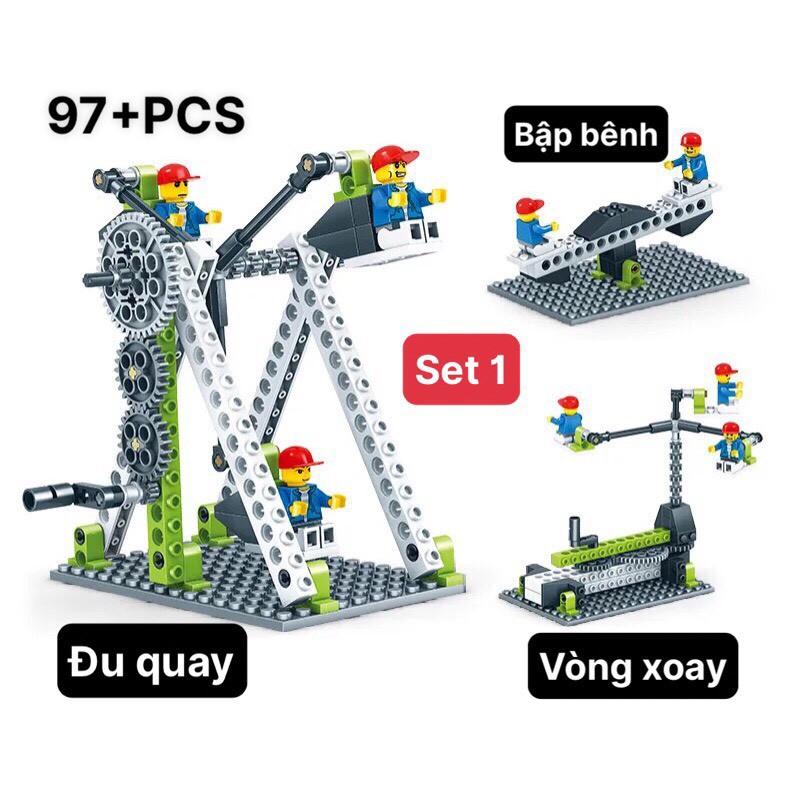 Đồ Chơi Lắp Ráp Chuyển Động Bằng Bánh Răng 4IN1 Với Thang Máy, Bập Bênh, Đu Quay, Quạt Gió, Xe Cẩu