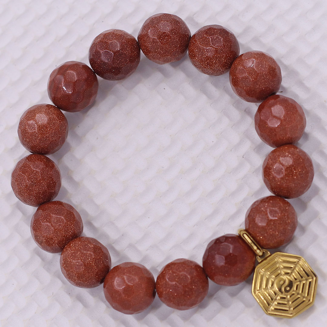 Vòng chuỗi đeo tay đá kim sa cắt giác charm bát quái inox vàng, vòng tay hạt chuỗi, vòng chuỗi phong thủy, vòng tay nam nữ