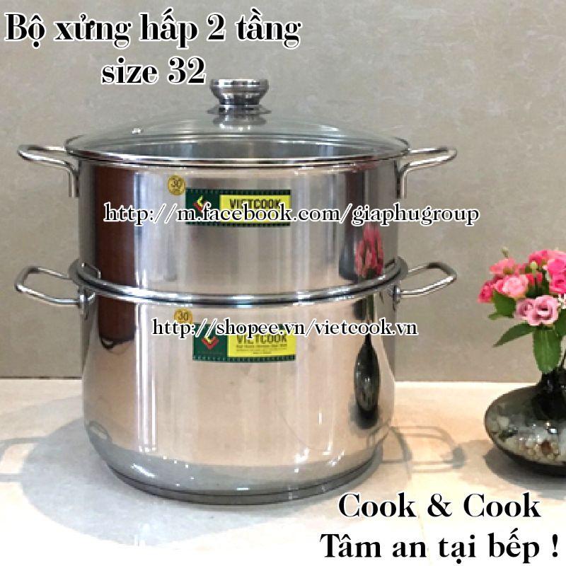 Bộ xửng hấp inox size 32 đáy từ, Chõ hấp, đồ xôi inox 6 đến 8 kg gạo