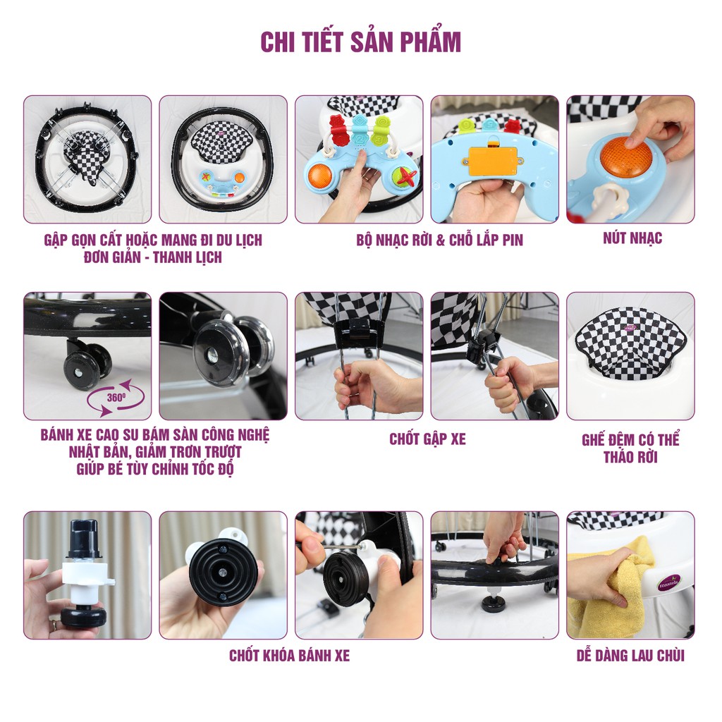 Xe tập đi có đồ chơi và nhạc cho bé MASTELA W2002 bánh xe cao su hãm di chuyển theo quán tính siêu nhẹ xoay 360 độ mặt bàn ăn dặm, bánh xe silicon chống ồn - Tiêu chuẩn JIS Nhật Bản - Màu Xám 