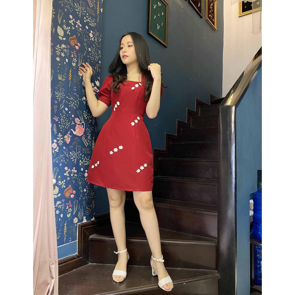 Đầm dự tiệc đỏ cổ buông đính kết hoa tỉ mỉ may 2 lớp