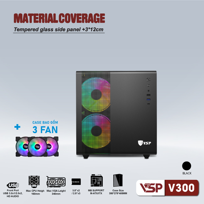 Vỏ máy tính Case VSP V300 sẵn 3 Fan LED ARGB Gaming Kính cường lực - Hàng chính hãng VSP phân phối