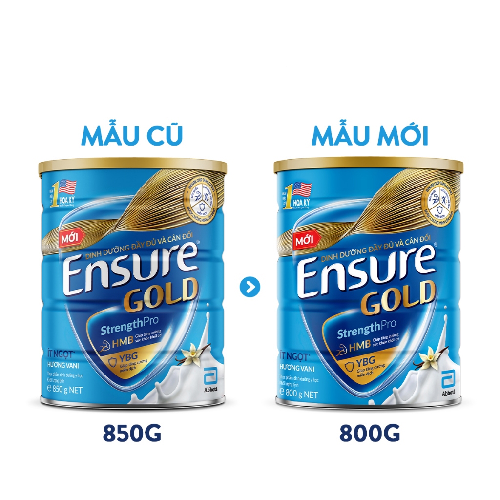 Sữa Bột Ensure Gold Abbott Hương Vani Ít Ngọt (HMB) 850g/800g