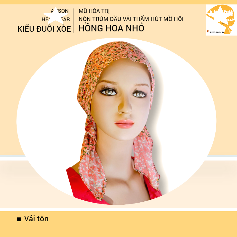 Nón hóa trị vải mềm mát, hút mồ hôi, bệnh nhân ung thư, chemo hat, cancer hat, nón trùm đầu, mũ vải [KIỂU ĐUÔI XÒE-HỒNG HOA NHỎ]