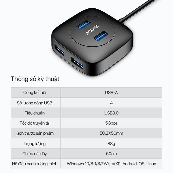 Bộ HUB Chuyển Đổi USB 3.0, 4 IN1 ACOME Tốc Độ Truyền Tải Cao, Công nghệ IC Mới - Hàng Chính Hãng