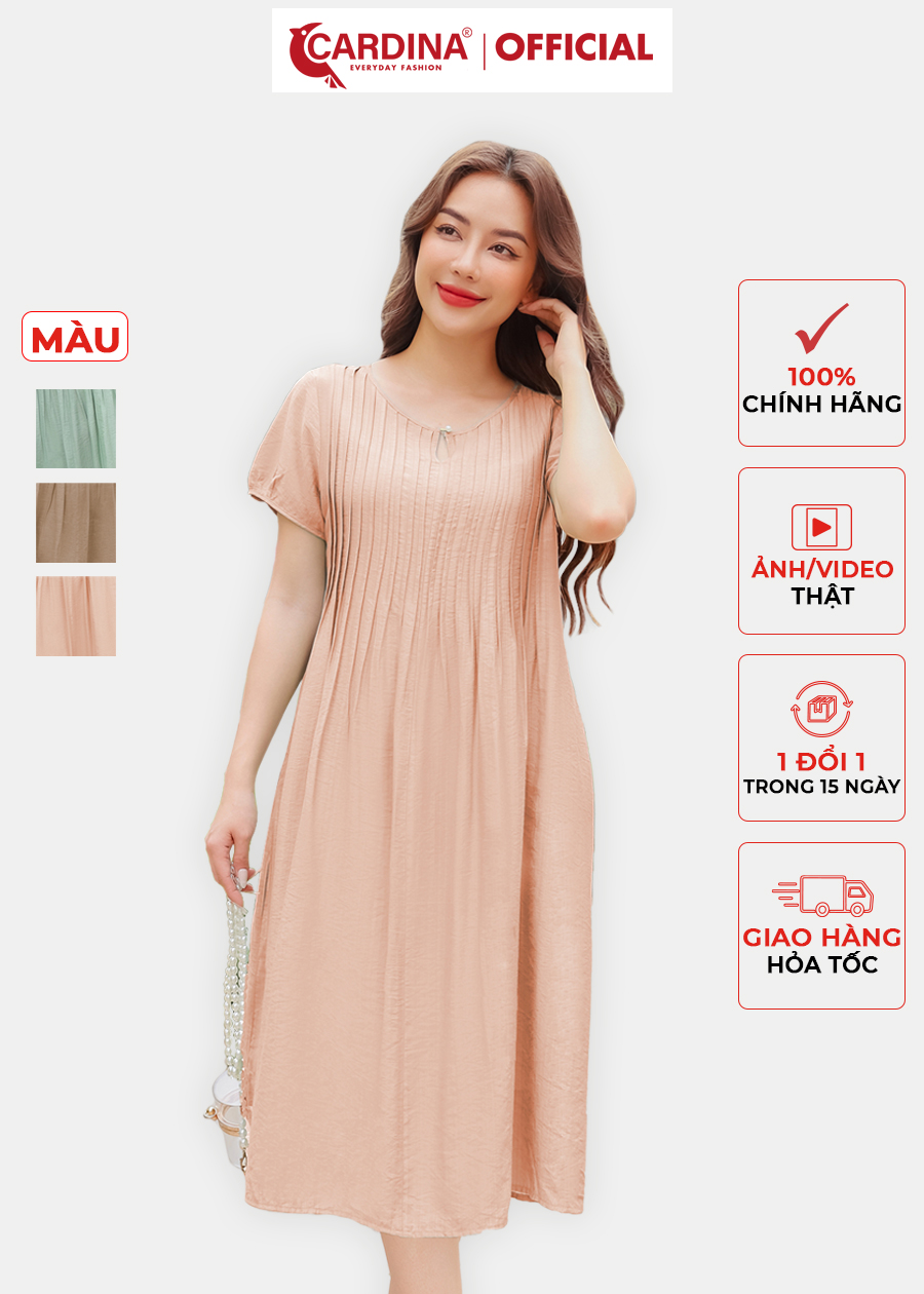 Đầm Nữ CARDINA Chất Đũi Cao Cấp Dáng Suông Xếp Ly Ngực Tay Bồng Điệu Đà 3VD08