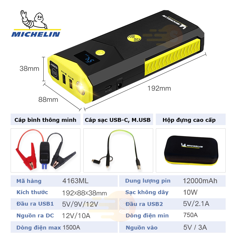 Bộ kích bình ô tô 750A - 1500A chuyên dụng kiêm sạc dự phòng không dây 12000 mAh có đèn pin Michelin 4163ML tặng kèm lá thơm Tulip mùi ngẫu nhiên