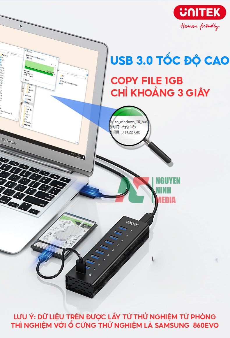 Bộ Chia USB 3.0 10 Cổng UNITEK H305A Tốc Độ Cao 5Gbps - Hàng Chính Hãng