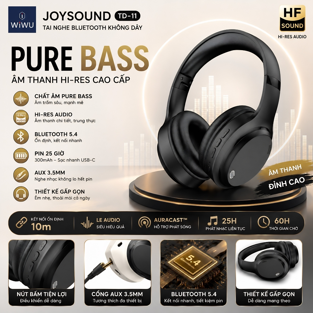 Tai Nghe Bluetooth V5.4 không dây Chụp Tai Pure Bass Hi-Res Audio WIWU JOYSOUND TD-11 - Pin khủng, cổng AUX 3.5mm cho iPhone iPad Samsung Oppo - Pure Bass + Hi-Res Audio, nghe nhạc 25 giờ,  nghe nhạc lossless chất lượng cao - Hàng nhập khẩu