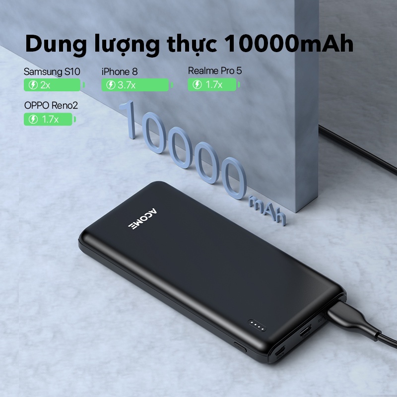 Pin Sạc Dự Phòng ACOME AP108 10000mAh 3 cổng Micro/Type-C/USB Hỗ trợ Sạc Nhanh Chuẩn QC 3.0 - Hàng chính hãng