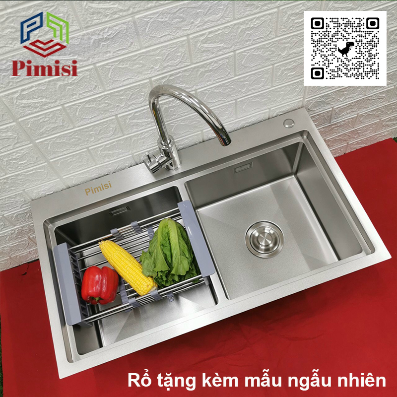 Chậu rửa bát chén inox 304 Pimisi đúc 2 hố cân kiểu 2 tầng giật cấp, kích thước bồn rửa bậc thang 78x43 và 82 x 45 cm thép không gỉ sus 304 cao cấp đầy đủ xi phông loại to và kèm rổ đựng, gắn bàn đá hoặc để kệ giá dàn bếp | Hàng chính hãng