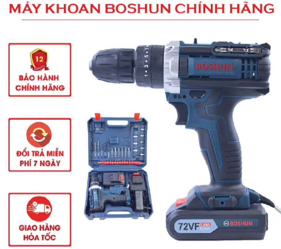 MÁY KHOAN PIN BẮT VÍT BOSHUN 72V CÓ BÚA - 3 CHỨC NĂNG - MOTOR 100% DÂY ĐỒNG - BẢO HÀNH 12 THÁNG