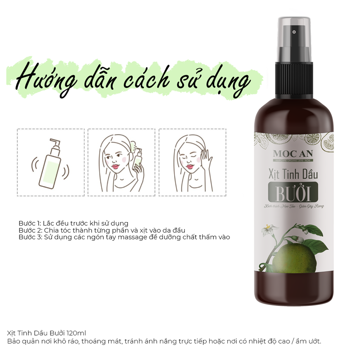 Xịt Kích Mọc Tóc Tinh Dầu Bưởi Da Xanh 120ml Mộc Ân Haircare hỗ trợ giảm rụng, nuôi dưỡng dài tóc