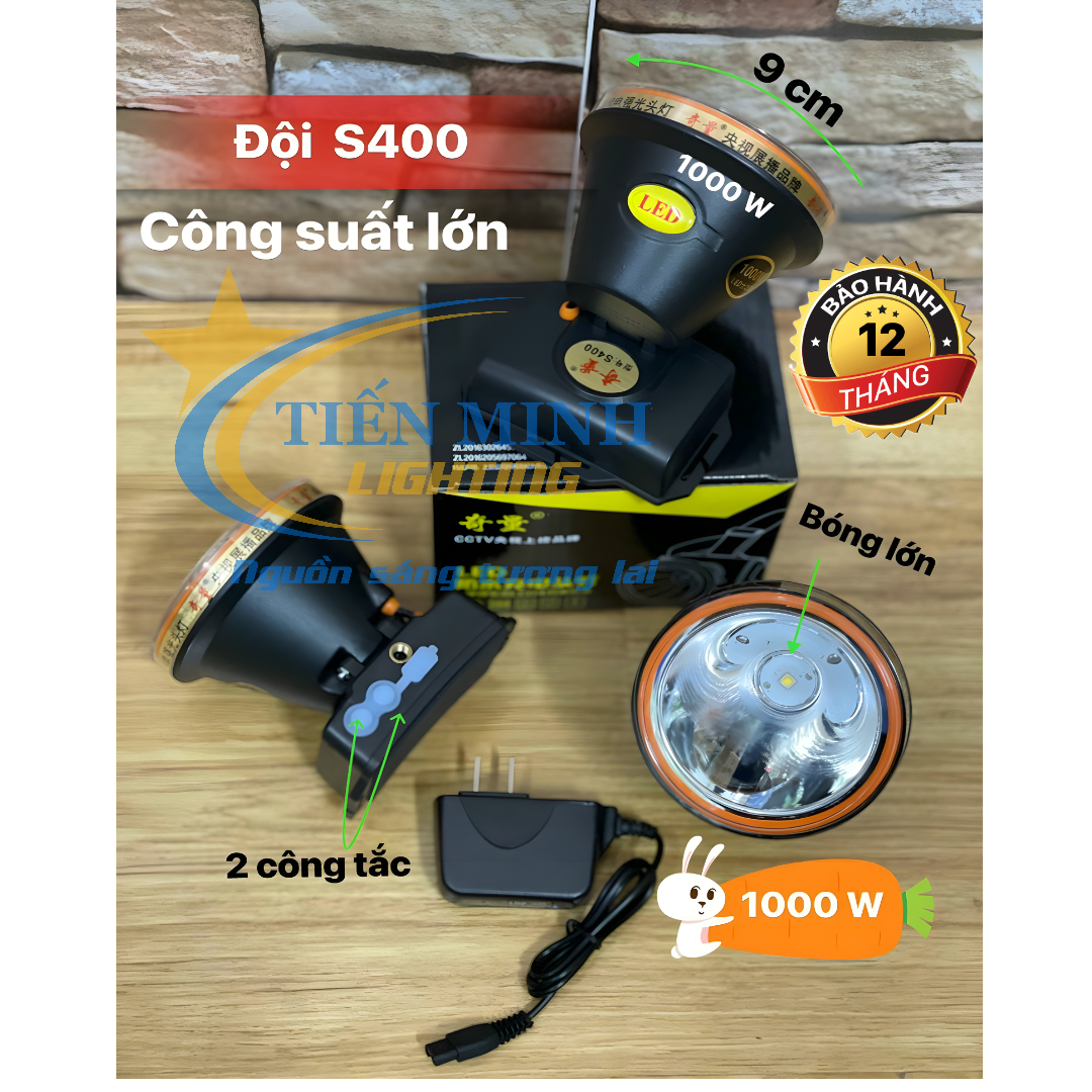 ĐÈN ĐỘI ĐẦU S400 - ĐÈN ĐỘI CHỐNG NƯỚC -  CHÓA 9CM, CHIP LED SIÊU SÁNG, CHIẾU XA ĐẾN 1000M, 3 CHẾ ĐỘ SÁNG MẠNH/YẾU/NHẤP NHÁY