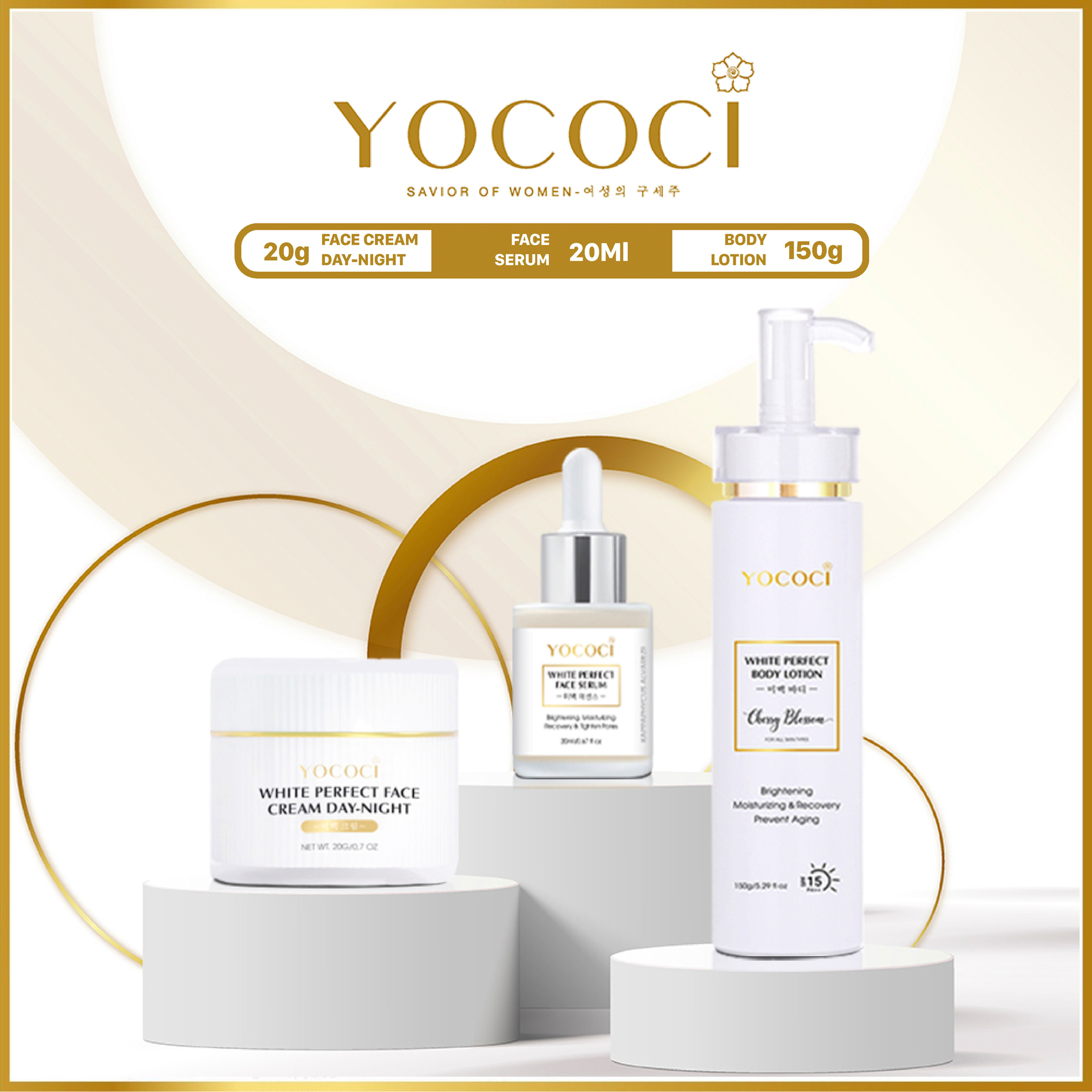 Bộ dưỡng trắng da siêu tiết kiệm Yococi giúp bạn tự tin tỏa sáng gồm 1 kem body + kem face 20g + 1 serum 20ml