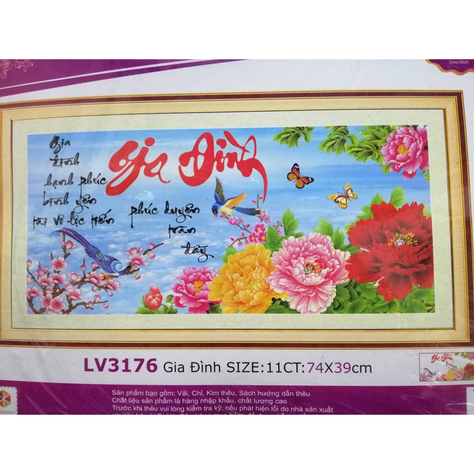 Tranh thêu chữ thập gia đình hoa mẫu đơn LV3176 74 x 39 cm  - chưa thêu