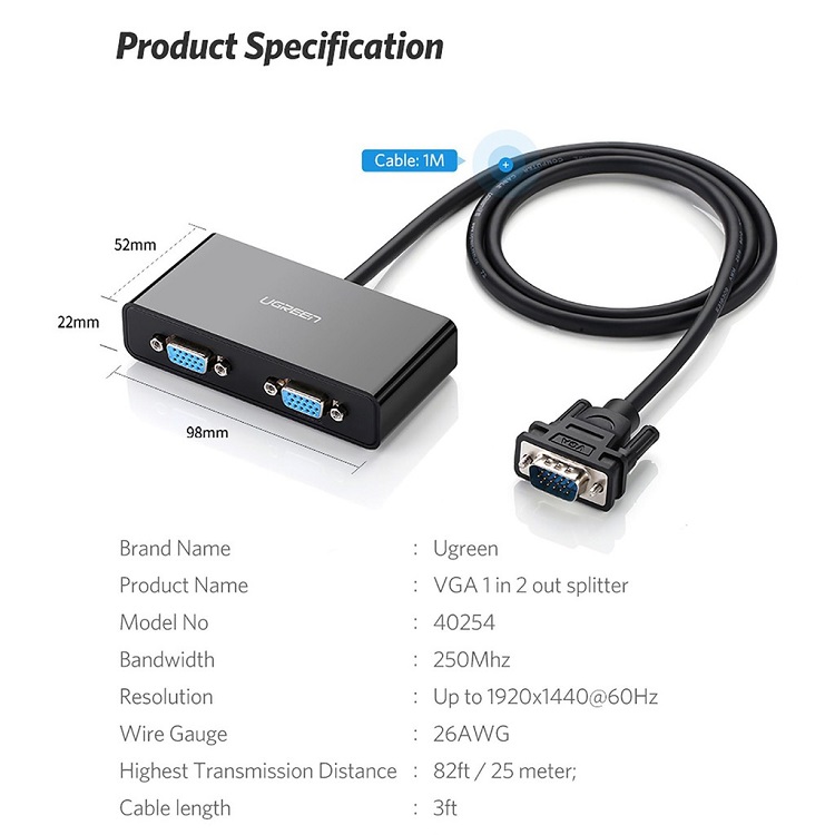 Cáp chia VGA 1 ra 2 chính hãng Ugreen 20918 cao cấp hàng chính hãng