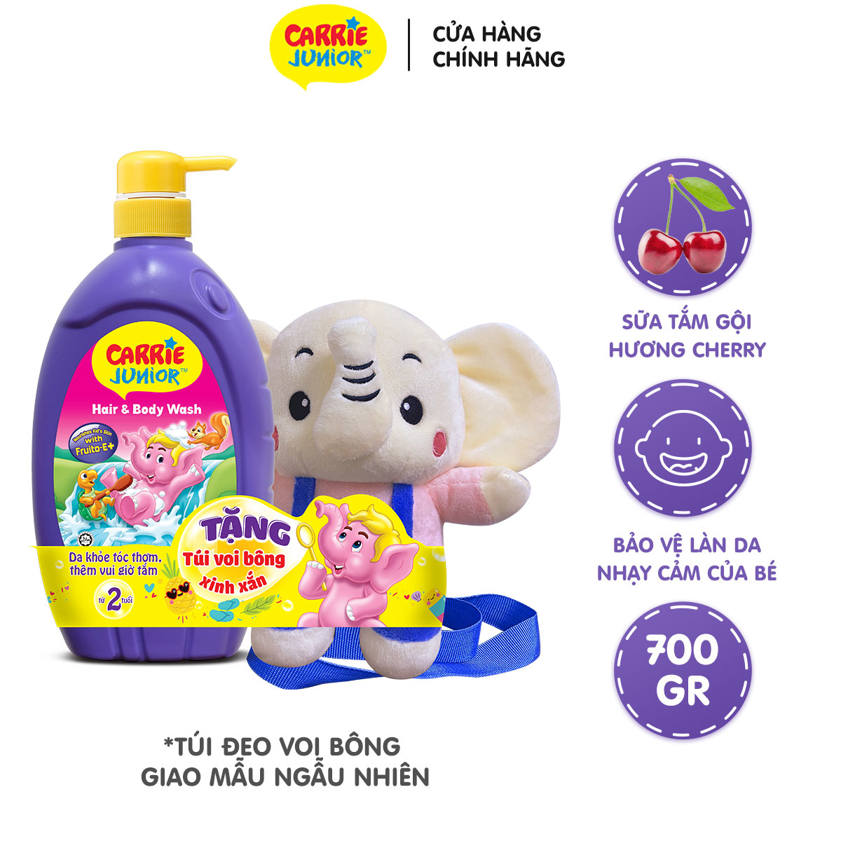 Sữa Tắm Gội cho bé Carrie Junior hương Cherry 700g + Túi Đeo Voi bông (màu ngẫu nhiên)