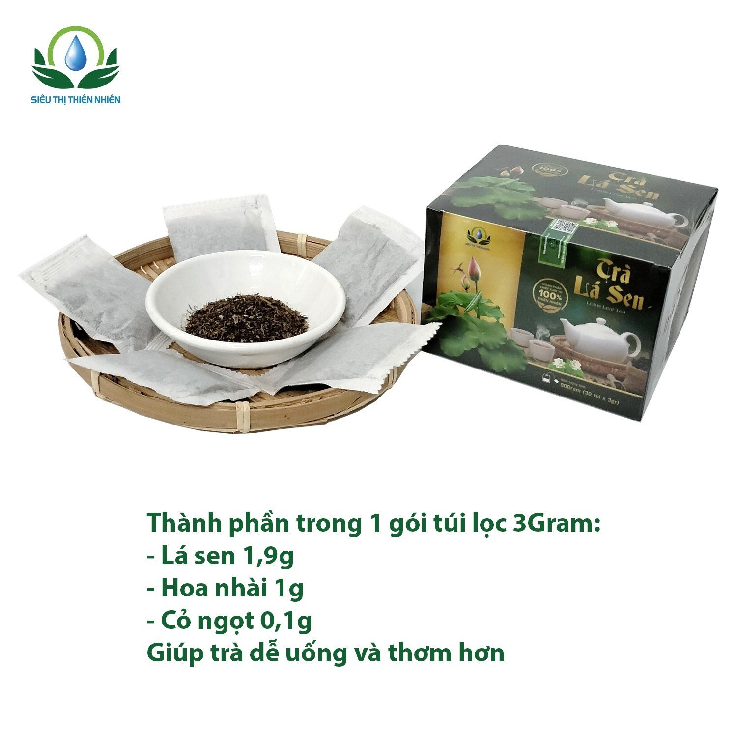 Đặc Sản Đồng Tháp - Trà Lá Sen hộp 30 Túi Lọc x 3Gram giúp giảm chảy máu cam, hạ huyết áp, tan máu tụ của Siêu Thị Thiên Nhiên - 1 hộp 30 túi lọc - OCOP 4 SAO