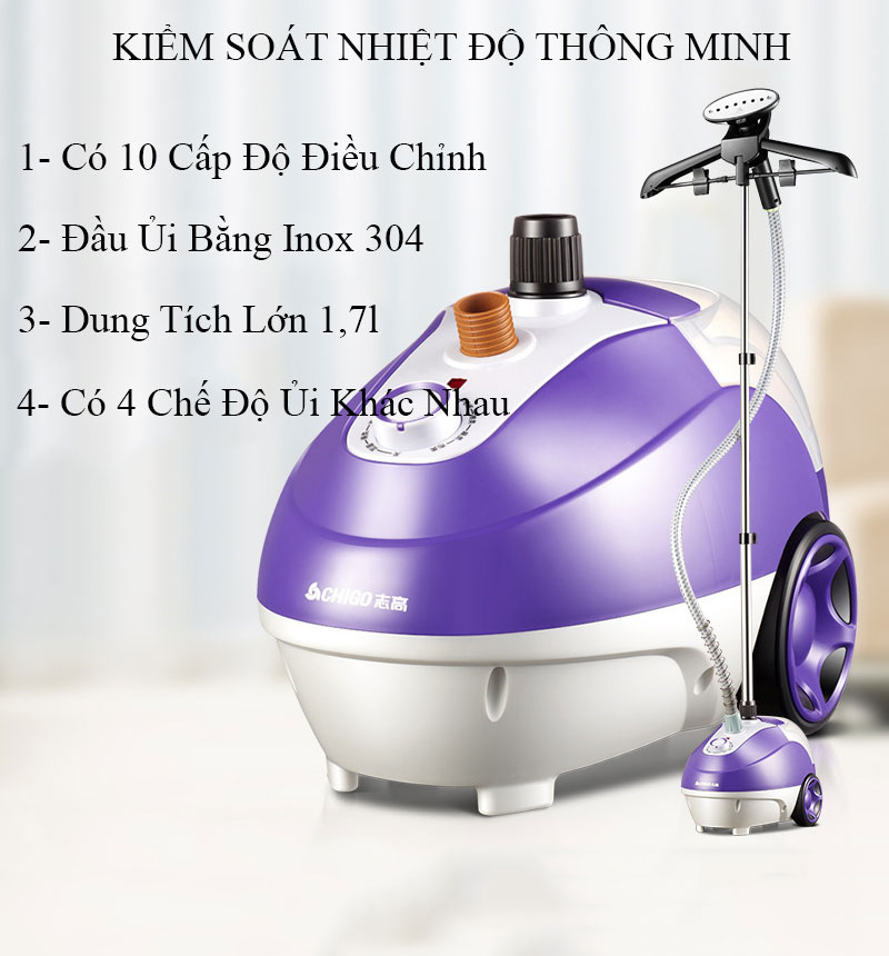 Bộ Bàn Ủi Hơi Nước Đứng Cao Cấp CHIGO ZD168 Đầu Phun Hơi Mạnh Mẽ Công Suất 1700W - Hàng Chính Hãng