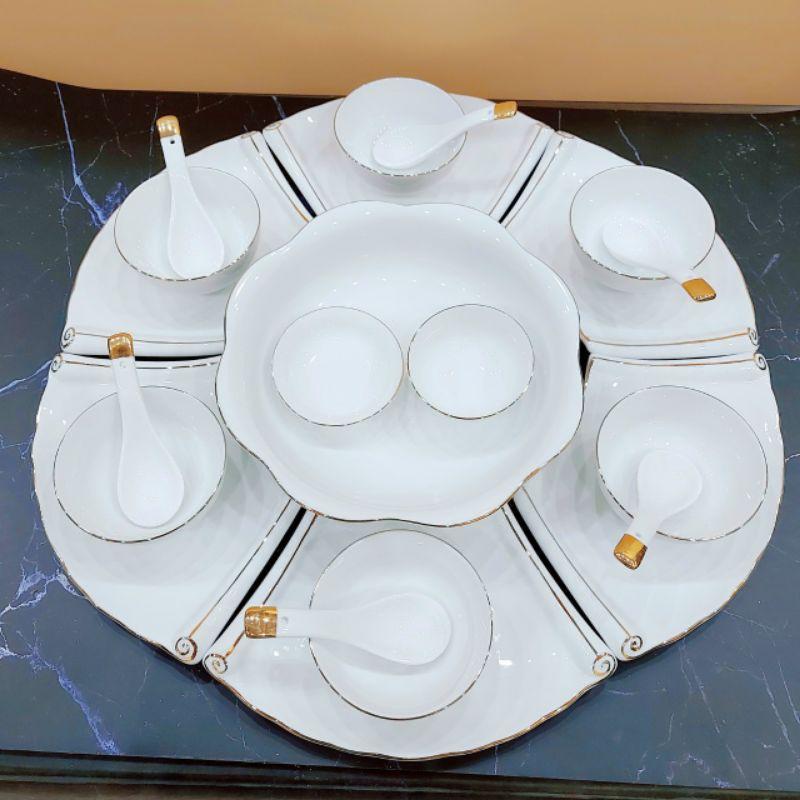 Bộ bát đĩa hoa mặt trời sứ trắng & trắng viền vàng kim