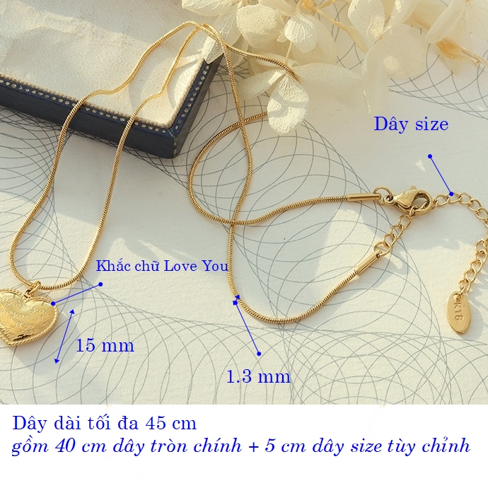 Dây chuyền trái tim mặt khắc chữ Love You dây tròn mềm mại