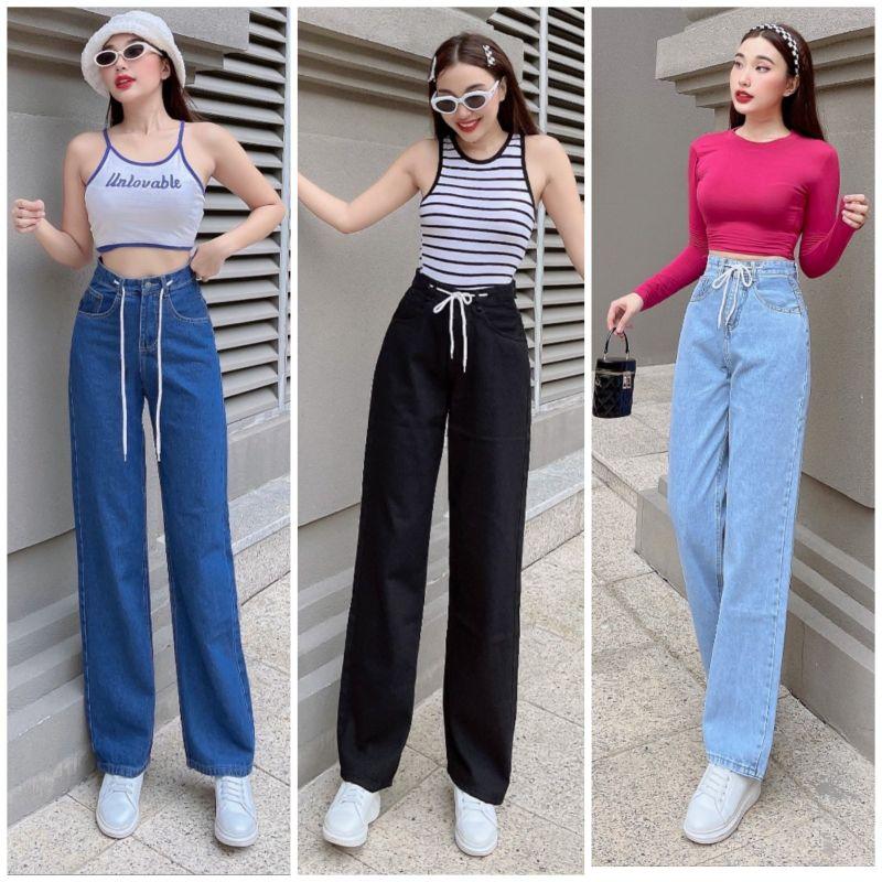 Quần Baggy Jean Nữ Ống Suông Rút Dây Eo