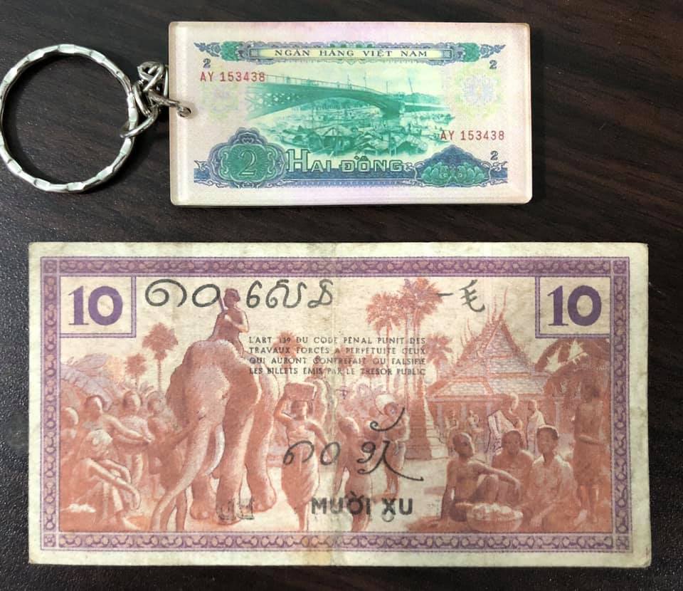 Tờ 10 xu cổ Đông Dương 3 nước Việt Nam, Lào, Campuchia dùng chung  (kèm móc chìa khóa hình tiền xưa lạ mắt)