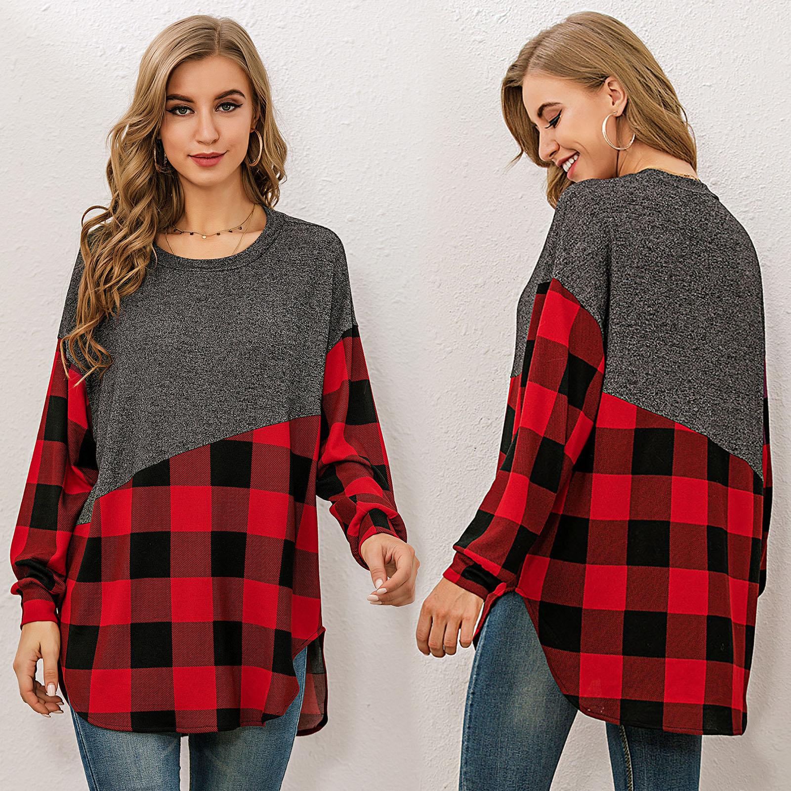 Fashion Women Sweatshirt Plaid Splicing O-Neck Long Sleeve Pullover Rounded Hem Loose Fit Casual Tunic Tops