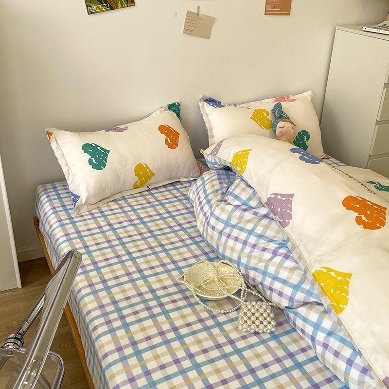 Bộ chăn ga gối cotton poly - Mẫu tim kẻ xanh.