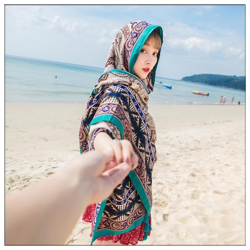 Khăn Choàng Quàng Cổ Boho Họa Tiết Thổ Cẩm Màu Xanh Lam - Chất Liệu Cotton - Size:90x180cm - Mã KC012
