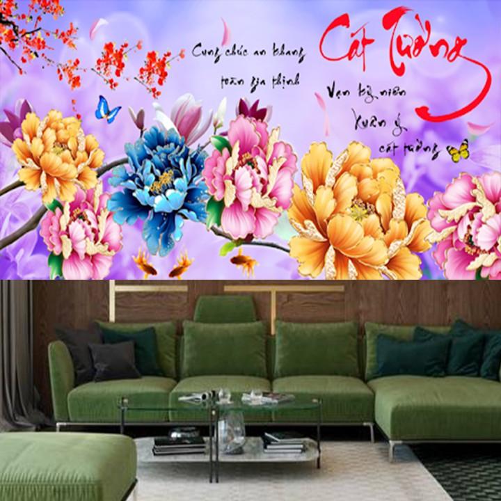 Tranh đá hoa mẫu đơn cát tường VS311 - kích thước: 100 * 53cm.