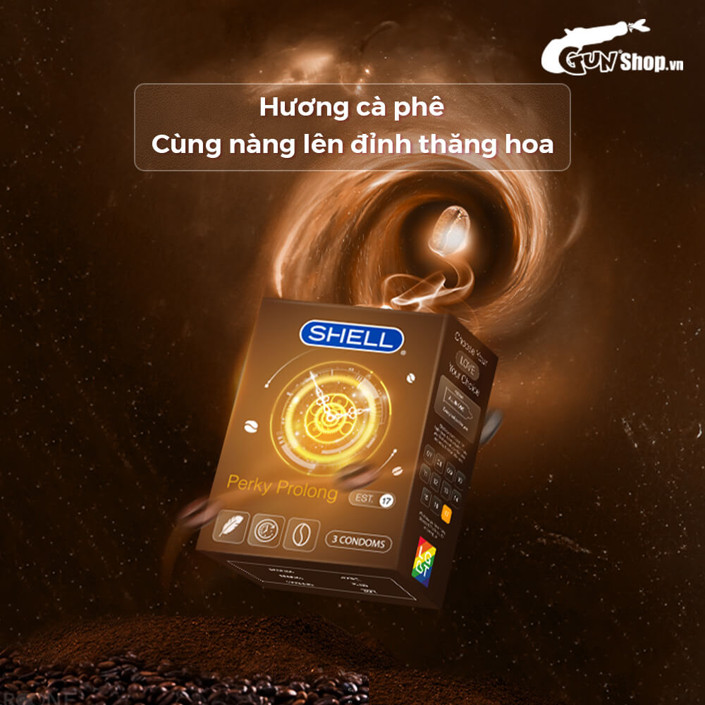 Bao cao su Shell Perky Prolong kéo dài thời gian, hương cà phê - Hộp 3 cái