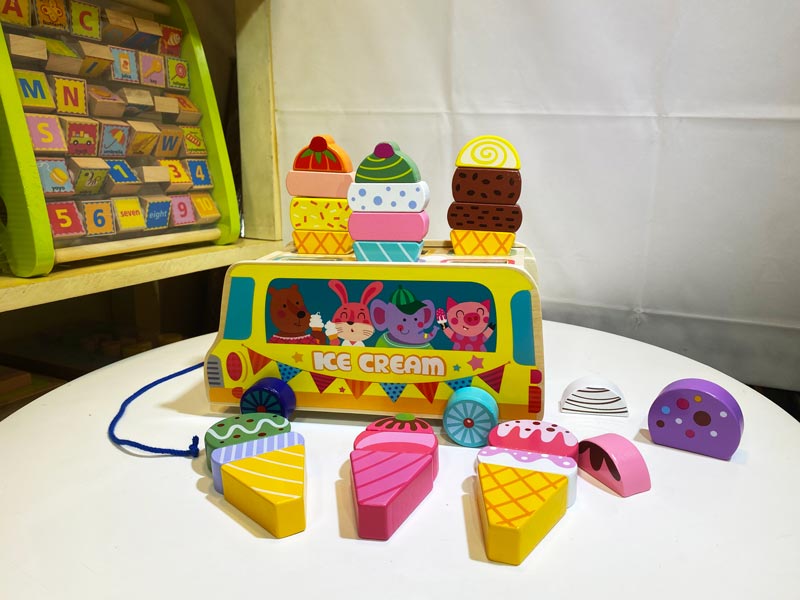 Xe kem đồ chơi nhập vai sáng tạo, đồ chơi gỗ an toàn cho trẻ nhỏ, xe bán hàng lưu động bé trai và bé gái